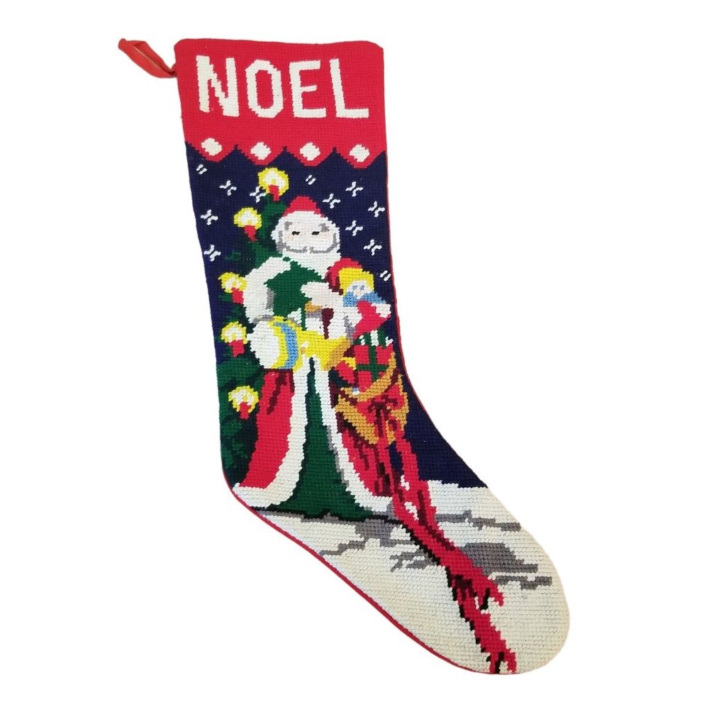 Santa Needlepoint Stocking Winter Holiday Decor NOEL Father Christmas‎ 21 in